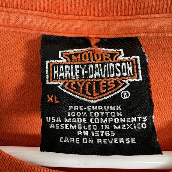 VTG 2001 Harley Davidson T Shirt Men XL Orange TNT Quincy IL Double Sided STAINS - Picture 14 of 15